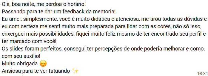 Depoimento de aluna sobre a mentoria tattoo - Didática e atenciosa